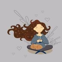 Vector cute happy relaxed girl witn windblown waved hair is holding cup with hot coffee and sleeping cat.