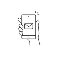 Hand hold smartphone, email send, new message notification line icon. Phone message outline icon. Isolated vector