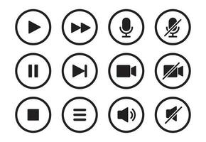 audio, video, música jugador botón icono. sonido control, jugar, pausa botón sólido icono colocar. cámara, medios de comunicación control, micrófono interfaz pictograma. vector