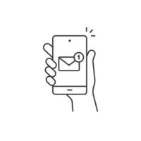 Hand hold smartphone, email send, new message notification line icon. Phone message outline icon. Isolated vector