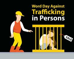 illustration vector graphic of a man sells a woman in an iron cage, perfect for international day, world day against trafficking in persons, celebrate, greeting card, etc.