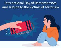 ilustración vector gráfico de un mujer estaba aterrorizado por utilizando un hora bomba, Perfecto para internacional día, remembranza de tributo, el víctimas de terrorismo, celebrar, saludo tarjeta, etc.
