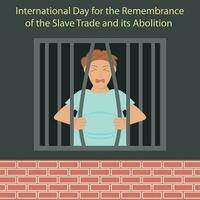 illustration vector graphic of a man is trying to free himself from prison iron bars, perfect for international day, remembrance, slave and trade its abolition, celebrate, greeting card, etc.
