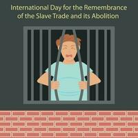 illustration vector graphic of a man is trying to free himself from prison iron bars, perfect for international day, remembrance, slave and trade its abolition, celebrate, greeting card, etc.