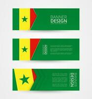 Set of three horizontal banners with flag of Senegal. Web banner design template in color of Senegal flag. vector