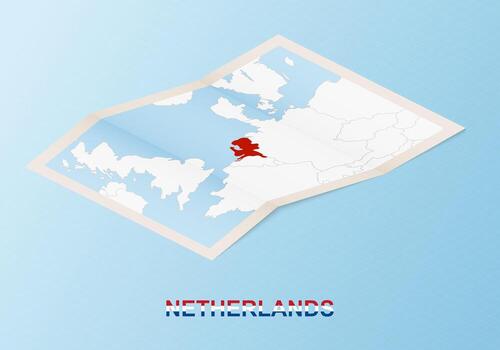 Folded paper map of Netherlands with neighboring countries in isometric style. vector