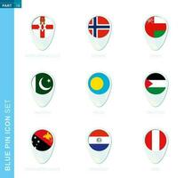 Pin flag set, map location icon in blue colors vector