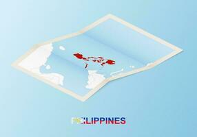 Folded paper map of Philippines with neighboring countries in isometric style. vector