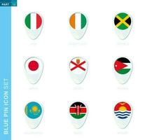 Pin flag set, map location icon in blue colors vector