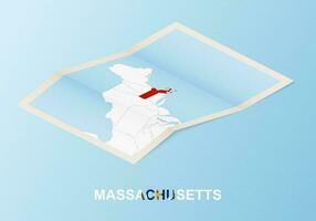 Folded paper map of Massachusetts with neighboring countries in isometric style. vector