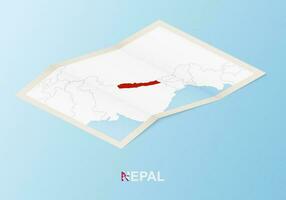 Folded paper map of Nepal with neighboring countries in isometric style. vector