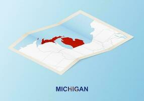 Folded paper map of Michigan with neighboring countries in isometric style. vector