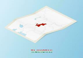 Folded paper map of Tajikistan with neighboring countries in isometric style. vector