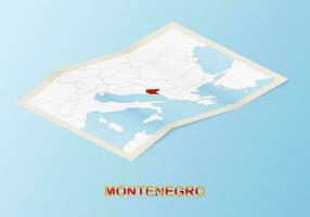 Folded paper map of Montenegro with neighboring countries in isometric style. vector