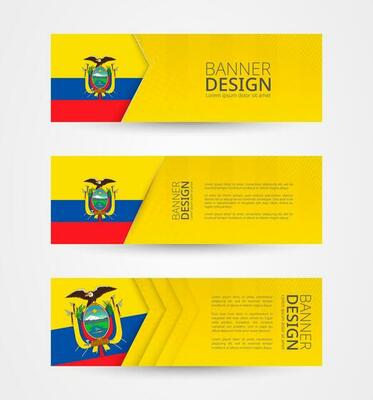 Set of three horizontal banners with flag of Ecuador. Web banner design template in color of Ecuador flag.
