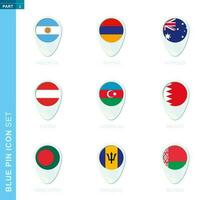 Pin flag set, map location icon in blue colors vector