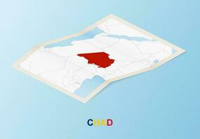 Folded paper map of Chad with neighboring countries in isometric style. vector