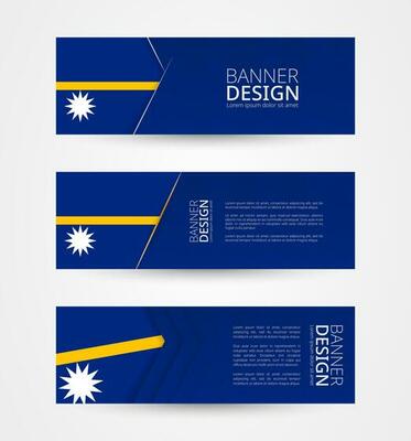 Set of three horizontal banners with flag of Nauru. Web banner design template in color of Nauru flag.