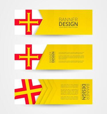 Set of three horizontal banners with flag of Guernsey. Web banner design template in color of Guernsey flag.