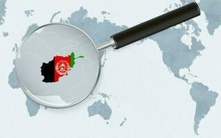 Asia centered world map with magnified glass on Afghanistan. Focus on map of Afghanistan on Pacific-centric World Map. vector