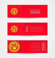 Set of three horizontal banners with flag of Kyrgyzstan. Web banner design template in color of Kyrgyzstan flag. vector