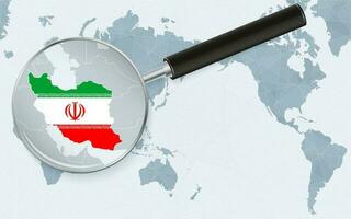 Asia centered world map with magnified glass on Iran. Focus on map of Iran on Pacific-centric World Map. vector