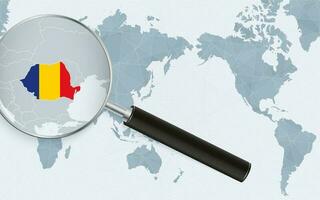 Asia centered world map with magnified glass on Romania. Focus on map of Romania on Pacific-centric World Map. vector