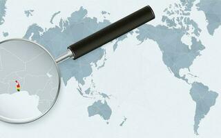 Asia centered world map with magnified glass on Togo. Focus on map of Togo on Pacific-centric World Map. vector