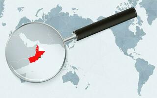 Asia centered world map with magnified glass on Oman. Focus on map of Oman on Pacific-centric World Map. vector