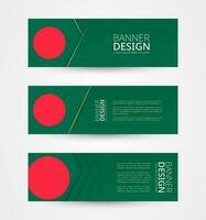 Set of three horizontal banners with flag of Bangladesh. Web banner design template in color of Bangladesh flag. vector