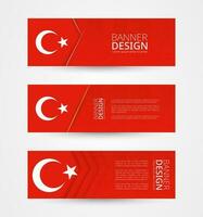 Set of three horizontal banners with flag of Turkey. Web banner design template in color of Turkey flag. vector