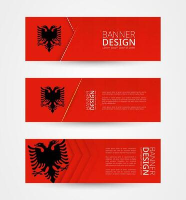 Set of three horizontal banners with flag of Albania. Web banner design template in color of Albania flag.