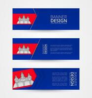 conjunto de Tres horizontal pancartas con bandera de Camboya. web bandera diseño modelo en color de Camboya bandera. vector