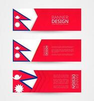 conjunto de Tres horizontal pancartas con bandera de Nepal. web bandera diseño modelo en color de Nepal bandera. vector