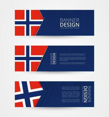 Set of three horizontal banners with flag of Norway. Web banner design template in color of Norway flag.