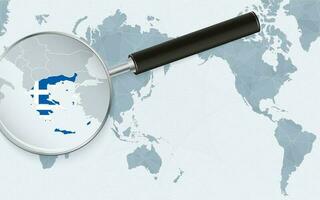 Asia centered world map with magnified glass on Greece. Focus on map of Greece on Pacific-centric World Map. vector