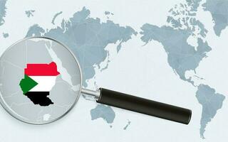 Asia centered world map with magnified glass on Sudan. Focus on map of Sudan on Pacific-centric World Map. vector