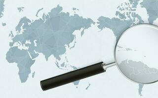 Asia centered world map with magnified glass on Barbados. Focus on map of Barbados on Pacific-centric World Map. vector