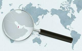 Asia centered world map with magnified glass on Qatar. Focus on map of Qatar on Pacific-centric World Map. vector