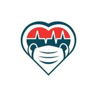 Love mask heartbeat vector logo template, red heart valentine wears a medical mask.