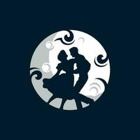 Dancing beautiful young couple logo design, Vector illustration couple in front of the moon.