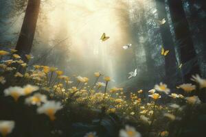 abstract nature spring Background. spring flower and butterfly, generate ai photo