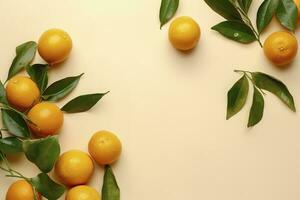 Whole orange yellow tangerines with green leaves on pastel beige background, copyspace. Citrus fruits mandarines as minimal food frame background, empty space, above view, generate ai photo