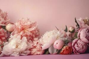 peonias, rosas en rosado antecedentes con Copiar espacio. resumen natural floral marco diseño con texto espacio. romántico femenino composición. Boda invitación , generar ai foto