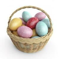 Colorful easter eggs in basket isolated on white background, generate ai photo