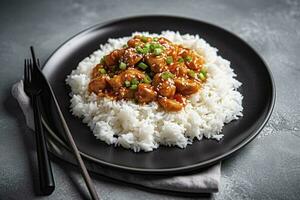 dulce y agrio chile salsa pollo con arroz en un lámina, generar ai foto