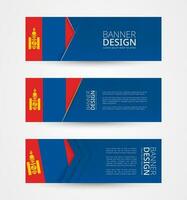 Set of three horizontal banners with flag of Mongolia. Web banner design template in color of Mongolia flag. vector