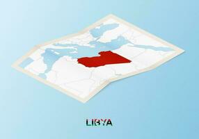 doblada papel mapa de Libia con vecino países en isométrica estilo. vector