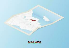 Folded paper map of Malawi with neighboring countries in isometric style. vector