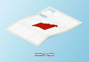 Folded paper map of Missouri with neighboring countries in isometric style. vector